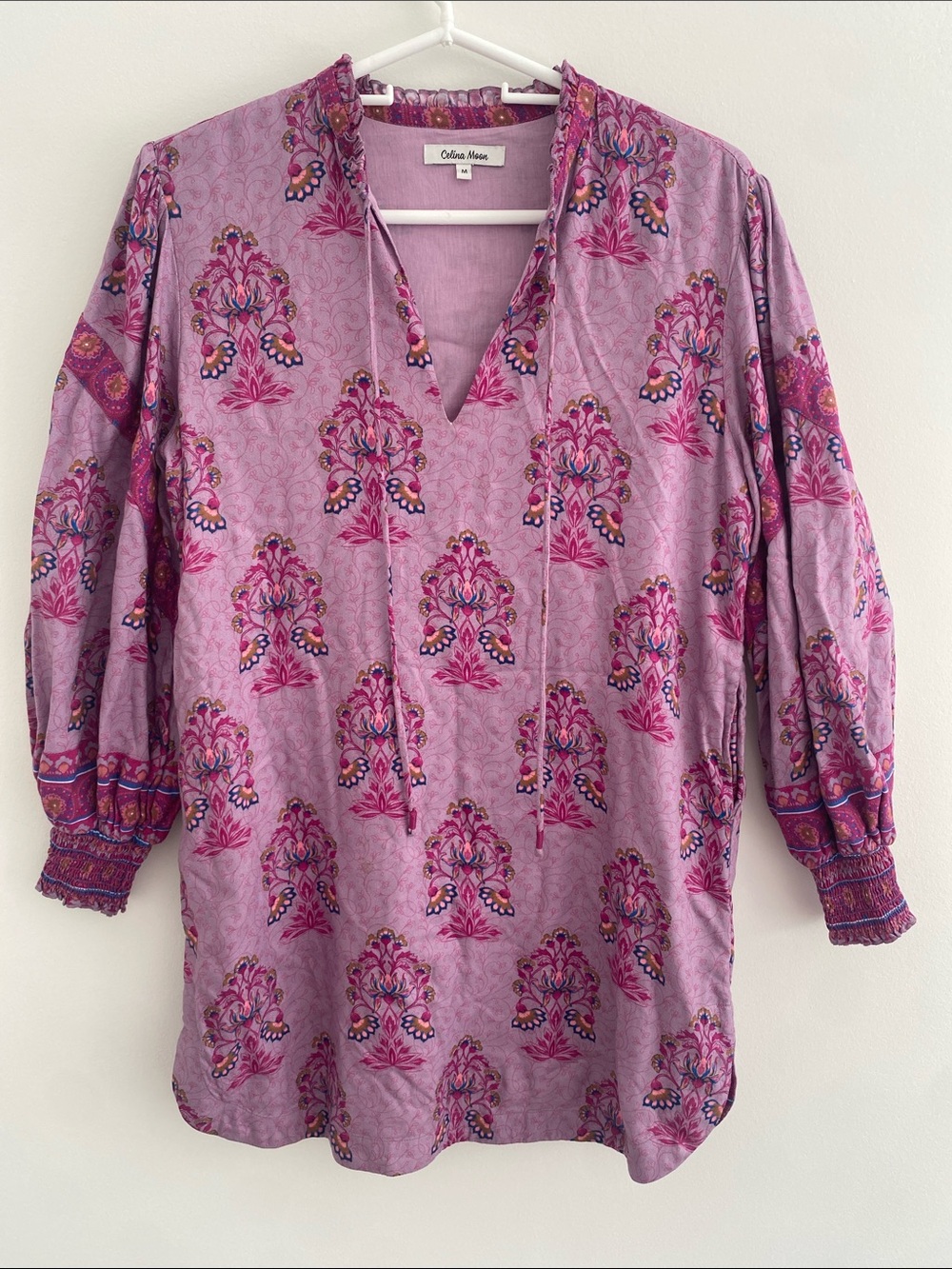Celina Moon Bohemian Boho L/S Floral Lilac Tunic Dress w Pockets Size Medium